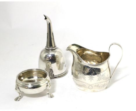 A George II Silver Salt, David Hennell, London 1748, plain circular on three pad feet; A George III Silver Cream Jug, probabl