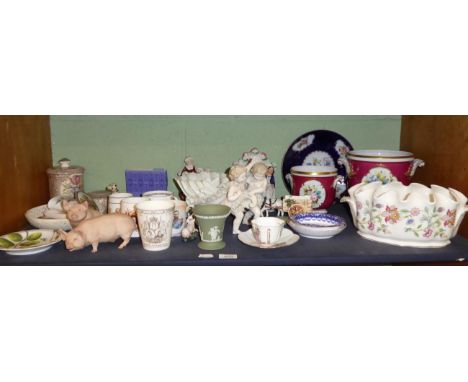Assorted ceramics including a Minton Haddon Hall planter, commemorative mugs, porcelain jardinieres etc 