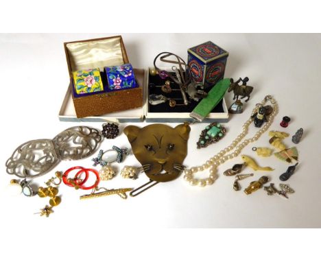 A group of assorted small collectables including; an opal stick pin, six further stick pins; a silver mounted bakelite bookma