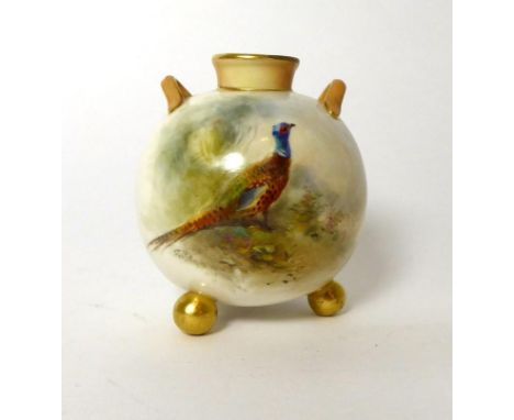 A Royal Worcester spherical vase, painted with a pheasant by James Stinton (restoration to neck) 