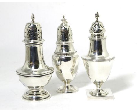 A George III Style Silver Pedestal Caster, Nathan & Hayes, Chester 1905, vase shape on square foot with flame finial; An Edwa