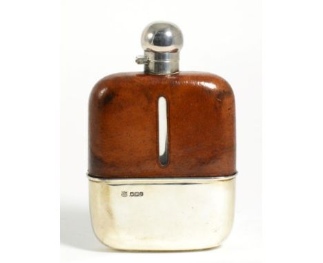 A Silver and Leather Mounted Glass Hip Flask, Frederick C Asman & Co, Sheffield 1924, with pull off base and hinged cover, en