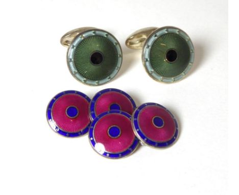 Two pairs of silver guilloche enamel cufflinks, one chain linked, the other solid barsGross weight - 26.97g