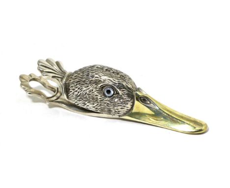 A Novelty Silver Duck Head Paperclip, Francis Howard, Sheffield, 2010, with glass eyes and gilt beak, 12cm long, 4.3ozt