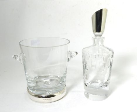A Silver Mounted Glass Ice Bucket, B&Co, Birmingham 2010, plain with twin handles; and A Silver Mounted Glass Decanter, Carr'