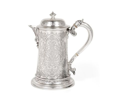 A Large Victorian Scottish Silver Flagon or Covered Jug, John Muirhead & Son, Glasgow 1866, of tapering form with scroll hand