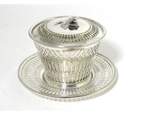 A Victorian Silver Butter Dish, Cover and Stand, Thomas Bradbury & Son, Sheffield 1851, pierced and with bead borders, the co