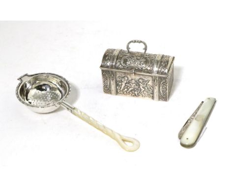 A Continental Silver Small Casket, probably German, with English import marks for Sheffield 1898, with domed hinged cover; A 