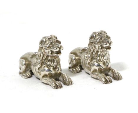 A Pair of Cast Silver Models of Recumbent Lions, Hugh Crawshaw, Sheffield 1993, 5.5cm long, 6.3ozt (2)