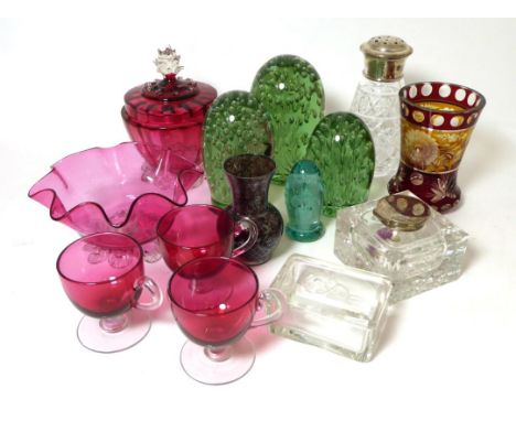 Quantity of assorted glass including a silver mounted inkwell; Bohemian engraved vase; silver mounted sifter; three glass dum