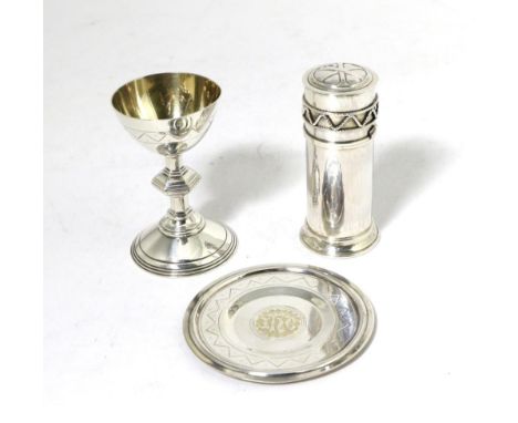 An Arts and Crafts Silver Oil Stock, Greenwood & Watts, 1917, of cylindrical form in two sections, containing a glass jar; an