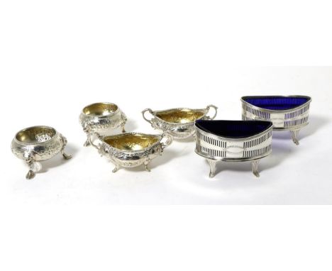 A Pair of George III Style Silver Salts, Harry Freeman, London 1913, with pierced sides and blue glass liners; A Pair of Circ