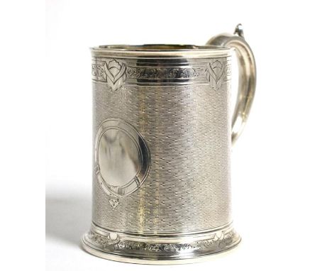 A Victorian Silver Mug, William Hunter, London 1864, with engine turned decoration and foliate engraved borders, a circular v