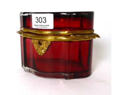 A 19th century French ruby red glass casket with gilt metal mounts, 16cm wide, 10cm high