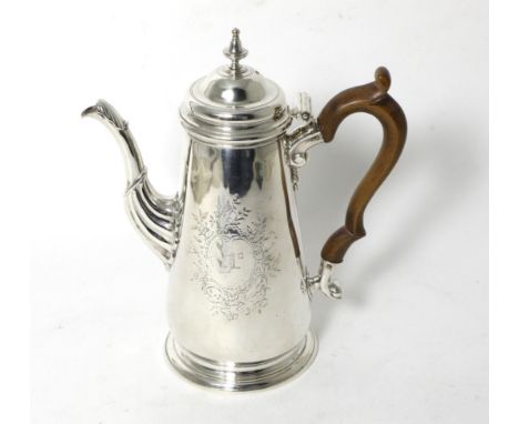 A George II Silver Coffee Pot, William Williams, London 1745, plain tapering on circular foot, the domed cover with bell shap