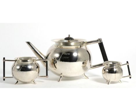 An Electroplated Three Piece Tea Service in the Manner of Dr Christopher Dresser, mark of Thomas White, Sheffield, of spheric