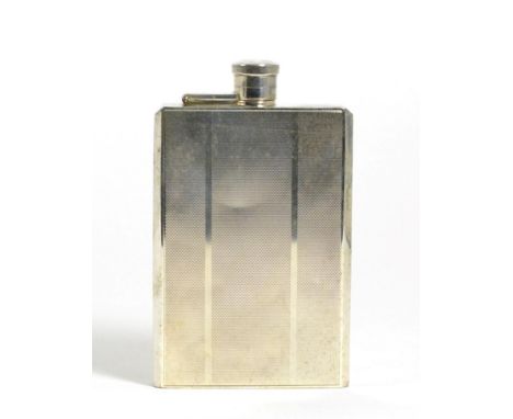 An Engine Turned Silver Hip Flask, Charles S Green & Co, Birmingham 1947, rectangular with bayonet fitting hinged cover, 14.5