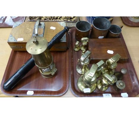 A cased set of Avery scales; an ebonised truncheon; miner's lamp; assorted brass weights; an oak two section cigarette box an