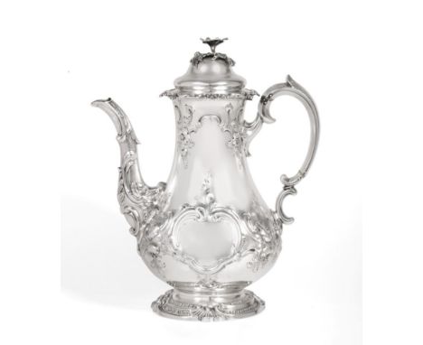 An Early Victorian Silver Coffee Pot, Mssrs Barnard, London 1845, baluster form, chased with C scrolls, flowers and foliage, 