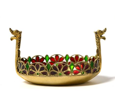 A Norwegian Silver Gilt and Plique a Jour Enamel Salt, Marius Hammer, stamped '930S', modelled as a Viking boat with blue and