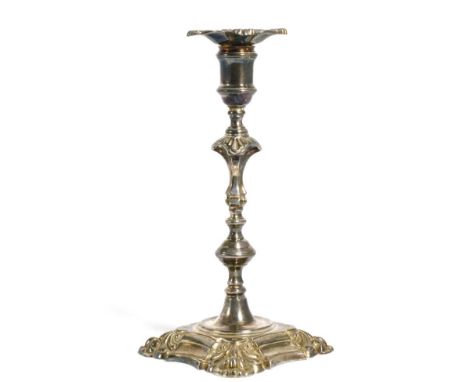 A Modern Cast Silver Candlestick of George II Style, Camelot Silverware Ltd, Sheffield 1992, knopped stem on shaped square ba