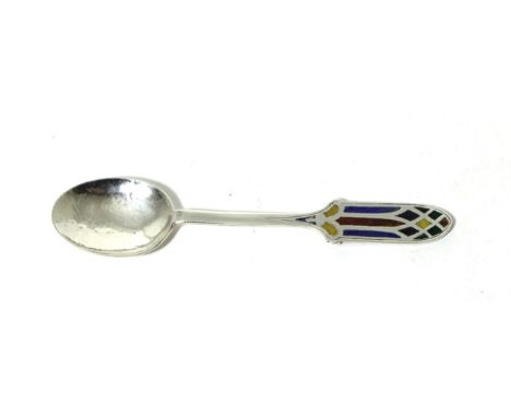 An Arts and Crafts Silver and Champleve Enamel Teaspoon, Joseph & Joyce Himsworth, Sheffield 1926, with planished bowl, the t
