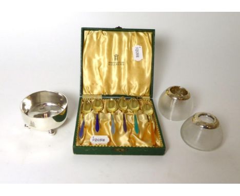 Two silver-topped match strikers, a set of six Norwegian enamel and silver gilt spoons and a Victorian bowl (9)