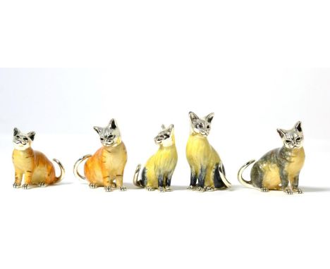 Five Silver and Enamel Models of Cats, maker's mark JAH, London 2008/10, the largest 4cm high (5)