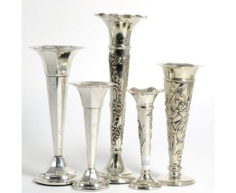 A Group of Five Various Edwardian and Later Silver Posy Vases, various dates and makers, 1901-1916, three with repousse decor