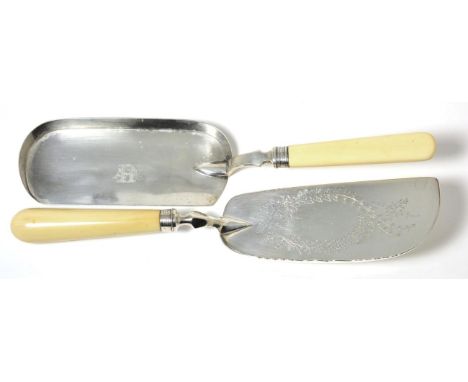 Two Silver Crumb Scoops, Martin Hall & Co, Sheffield 1877 and William Hutton & Sons, Sheffield 1920, the first with shaped ri