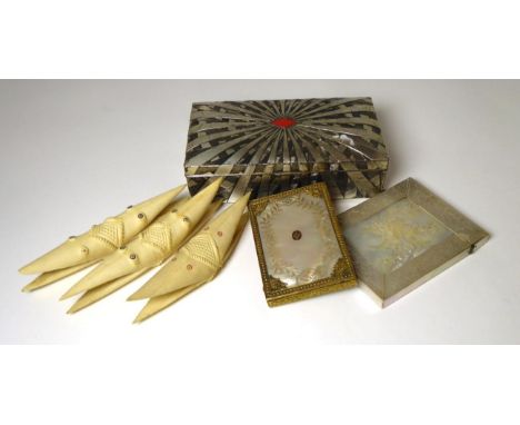A Cantonese mother-of-pearl card case, circa 1860, carved with exotic birds in branches and with scrolling foliage, 10.2cm hi