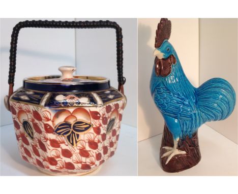 A modern Chinese turquoise blue and aubergine glazed figure of a cockerel 31cm high, together with a Crown Derby pottery bisc