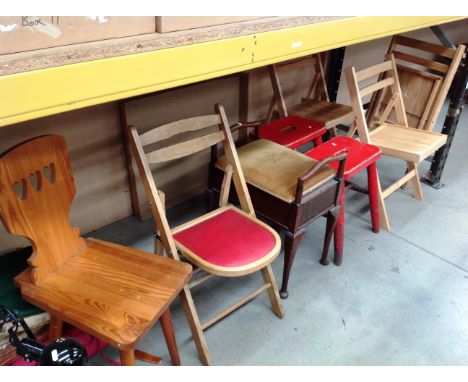 9 items folding chairs, angle poise lamp, two red painted stools, piano stool etc. 