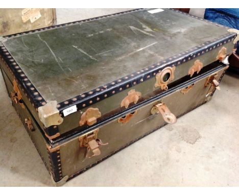A Mossman London metal framed green hardboard trunk 90 x 50 x 34cm high 