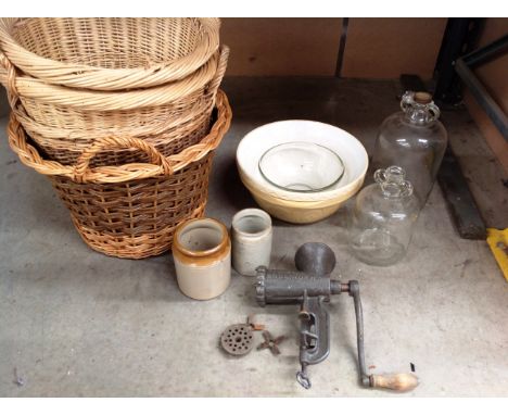 Four wicker baskets, a Bolinders Swedish manual miner, two demi johns etc. 