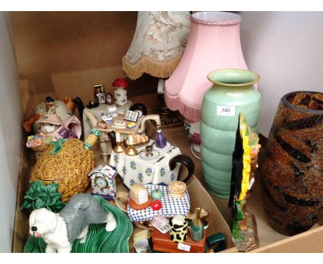 Contents to tray table lamps, novelty tea pots, ribbed vase, novelty door stop etc. - plugs cut off lamps - no test 