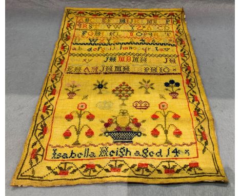 A light brown patterned sampler by Isabella Haigh aged 14 years 43 x 31cm, signed to rear Margaret Haigh May 7th 1851 