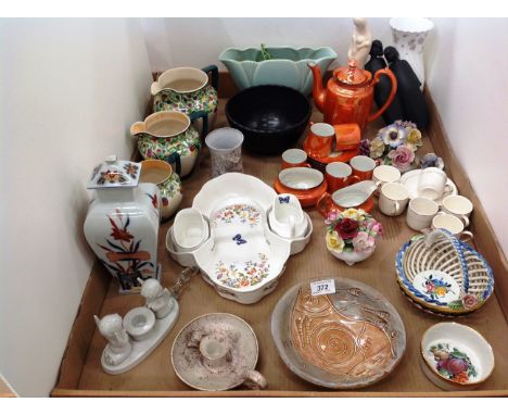 Contents to tray - an Aynsley dish with cream jug and sugar bowl, orange glazed oriental tea service, three graduated floral 