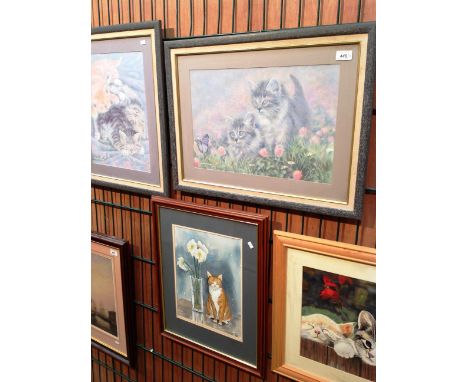 Four framed paintings and prints of cats including Michael John Farmer '93' 'Oliver' 36 x 27cm and two by Rosethorne and 1 ot