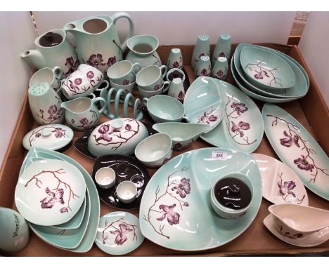 Contents to tray 30 pieces of Carlton ware Magnolia hand painted tableware in green and purple dishes, coffee pots, salt and 
