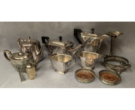 An Art Deco four piece tea service and other plated wares including coasters, teapots, flower tube, dish ring,etc