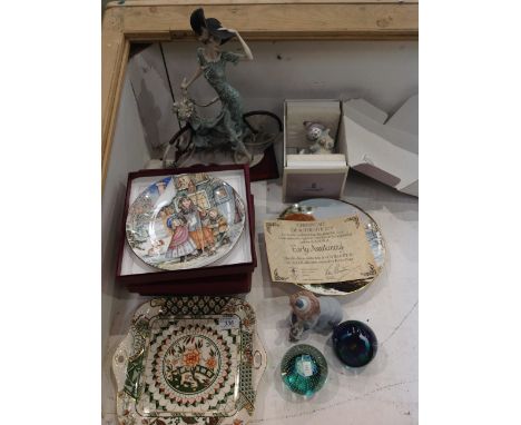 Six Royal Worcester NSPCC Christmas plates 1987-1992, three other plates and dishes, a Florence sculpture of a girl and bicyc