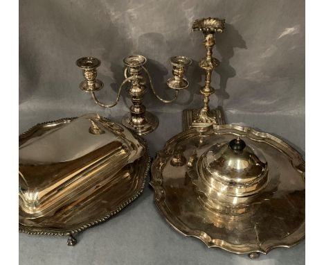 A small collection of silver plate including candelabra, candlestick tray and two dishes with lids 