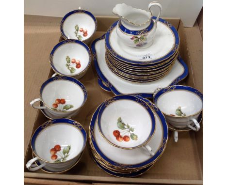 A Tuscan China 35 piece part tea service in blue/gilt and cherry pattern 