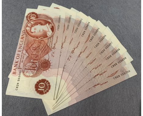 Ten Bank of England Ten Shilling Banknotes, Portrait issue, J S Fforde (BE39c): Consecutive serial numbers C92N 555691 - C92N