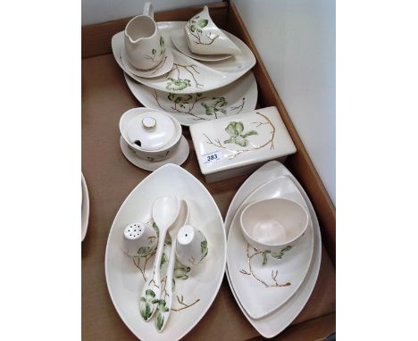 Contents to part of tray 13 pieces of Carltonware Magnolia hand painted tableware in green and gold dishes, butter dish with 