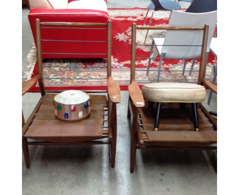 A pair of oak framed 1960s armchairs (upholstery removed), a beige vinyl upholstered stool [Please note - the upholstery in t