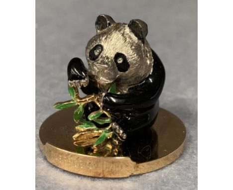 A modern Victor Mayer for Faberge limited edition 18ct gold and enamel figure of a seated panda with bamboo shoot, circular b