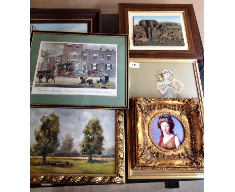 Six various pictures and prints including 3D picture of an elephant, embroidered picture of a girl etc. 