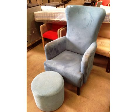 Two green suede high back armchairs and a matching round stool (3)